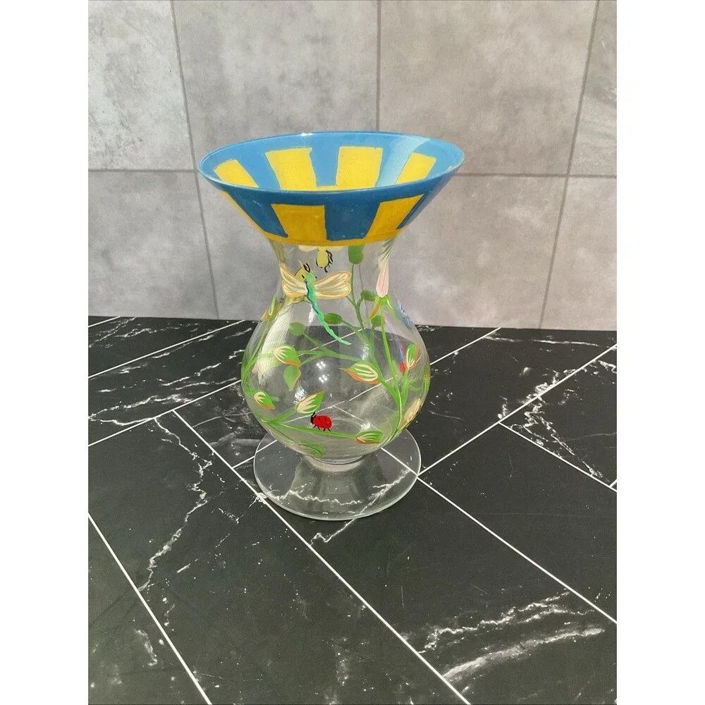 Butterfly Meadow Dragonfly Ladybug FlowerHand Painted Glass Vase 6”